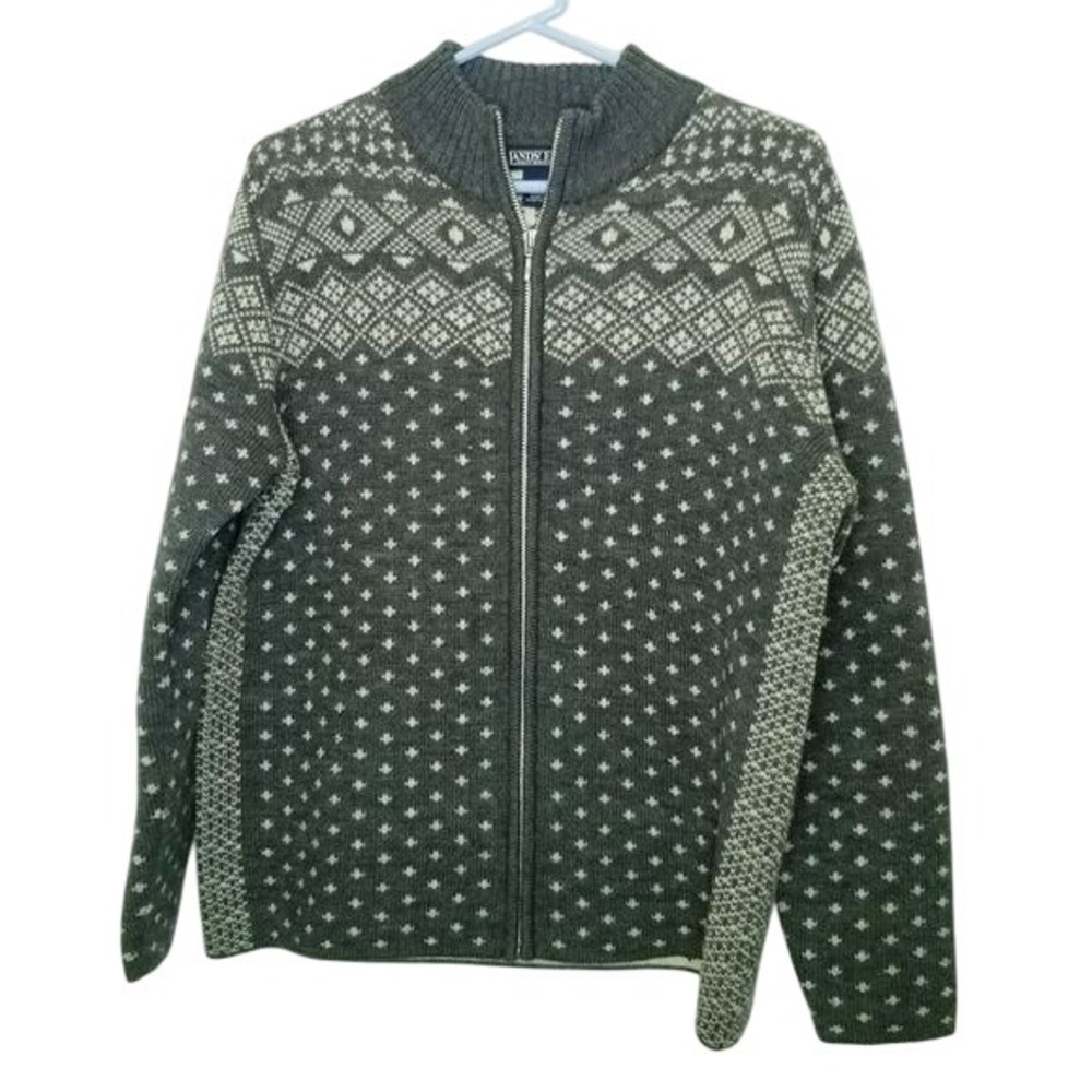 Lands End Wool Knit Nordic‎ Zip Up Cardigan Sweater Neutral Fair Isle Thick M